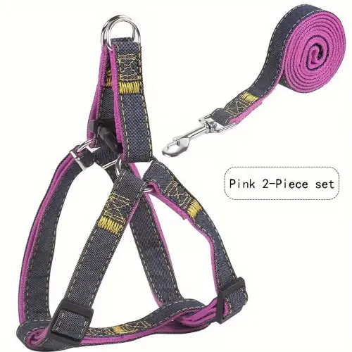 Denim Dog Harness & Leash Set Hot Pink S