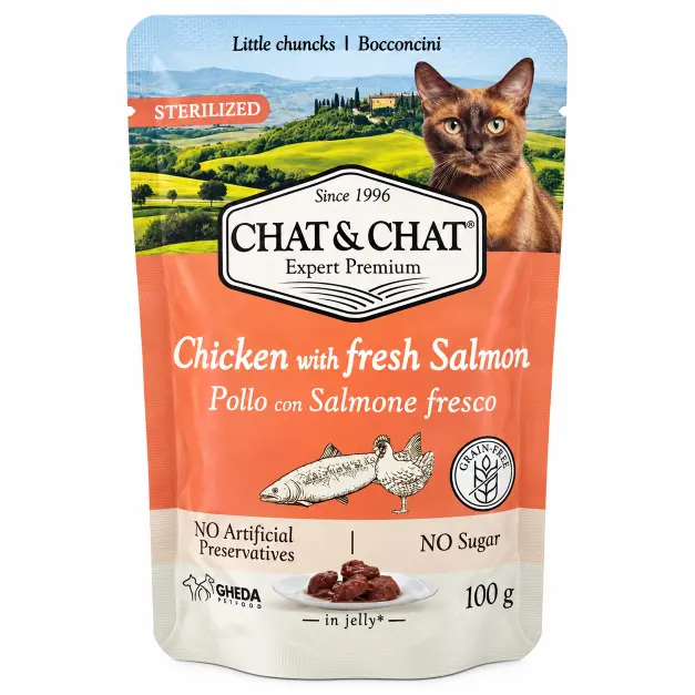 Chat & Chat Sterlised Chicken Salmon Wet Cat Food Pouches 100g